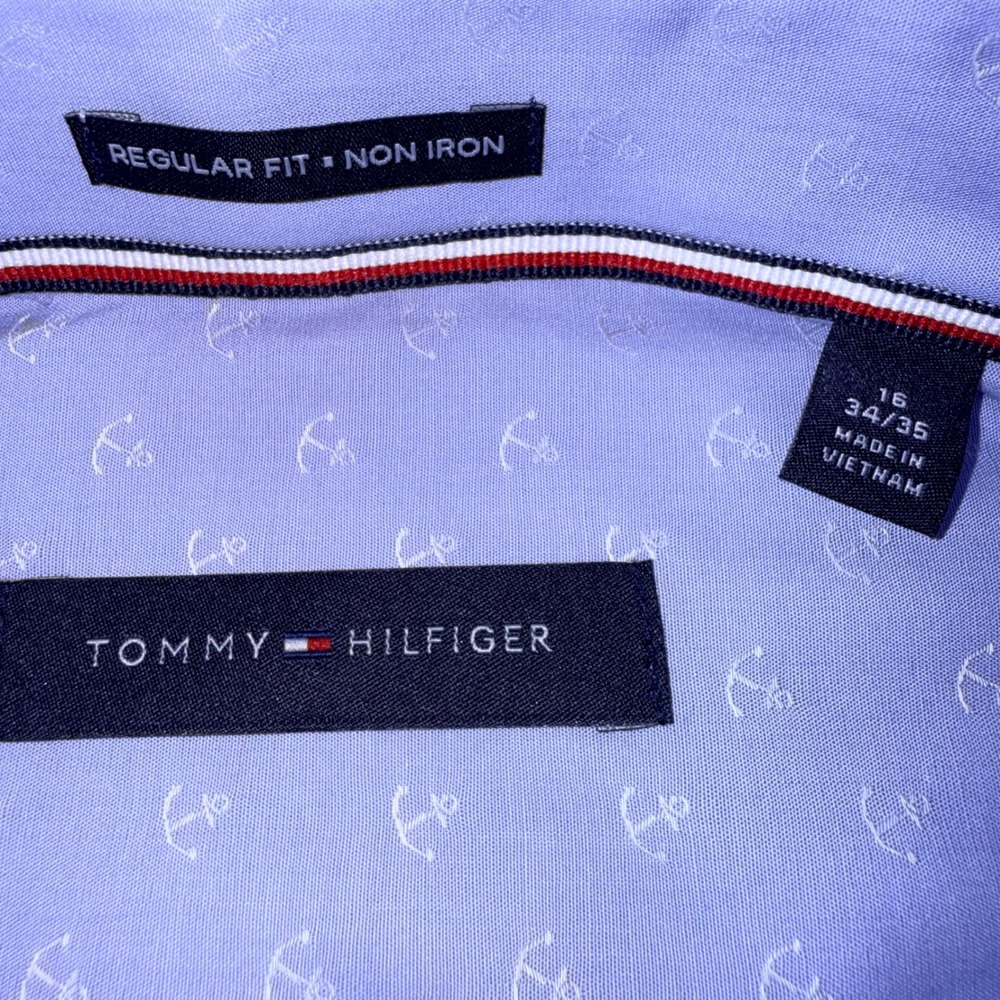 Tommy Hilfiger Mens Regular Fit Non-Iron Anchor Print Shirt Blue Large 16 34/35 - Picture 2 of 9